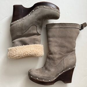 UGG Gray Tan Brown Carnegie Shearling Wedge Boots clogs Women’s sz 9